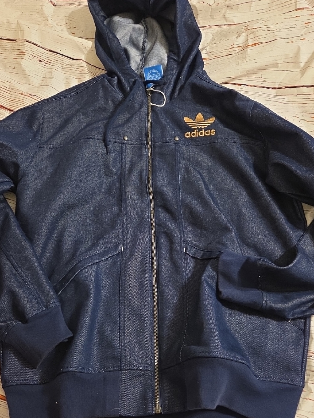 Adidas Navy Blue Hooded Zip Jacket with Gold Logo